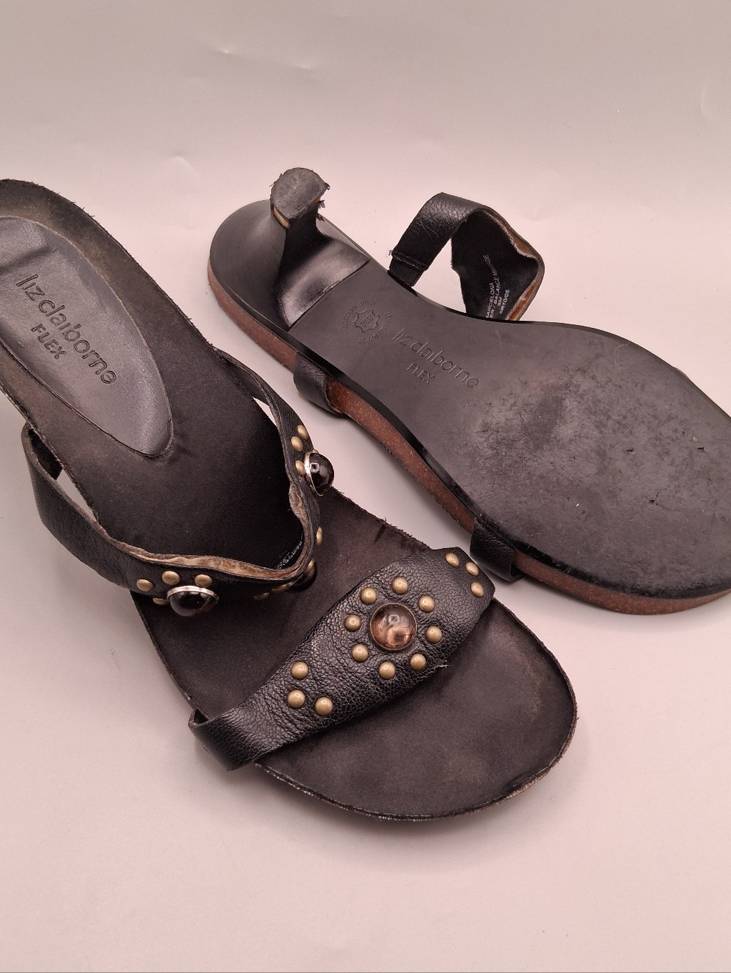 Liz Claiborne Black Leather Slide Sandals With Gold-Tone Studs